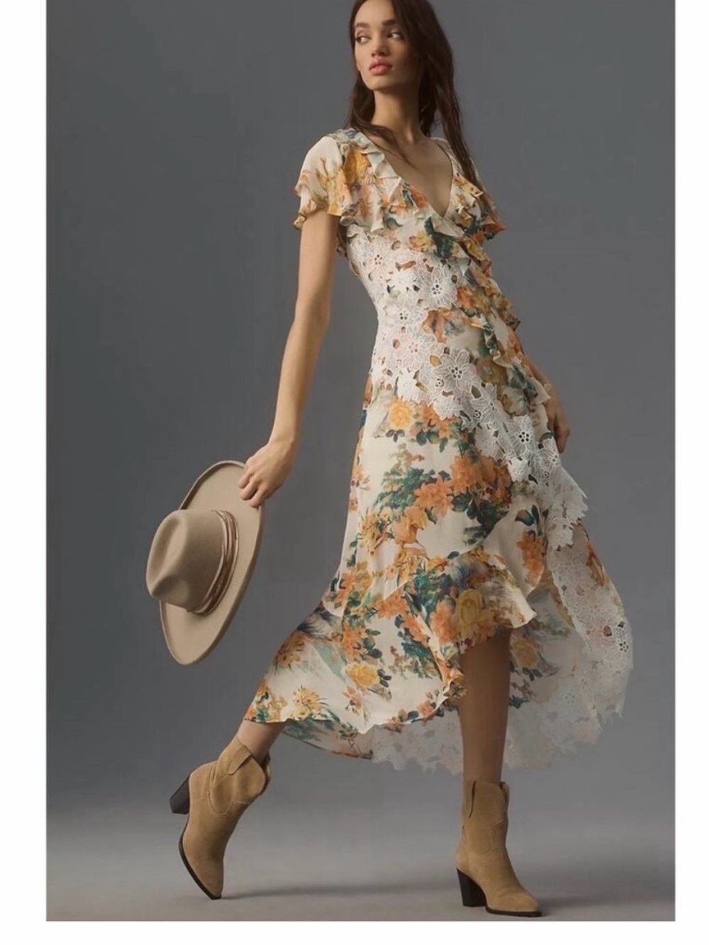 Anthropologie Cream Floral Lace-Trim High-Low Midi Dress